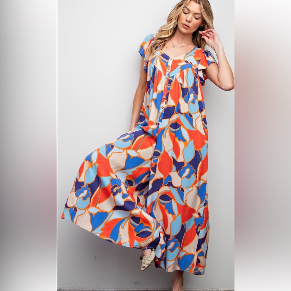Printed Wide-Leg Jumpsuit in Orange & Blue